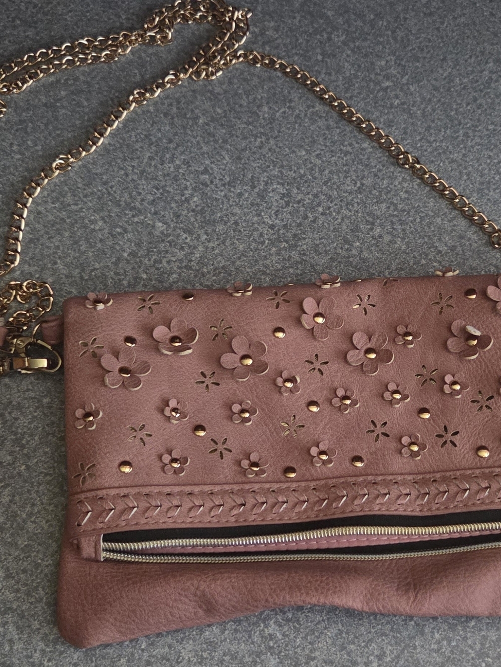 Floral Appliqué Mauve Foldover Clutch with Chain Strap